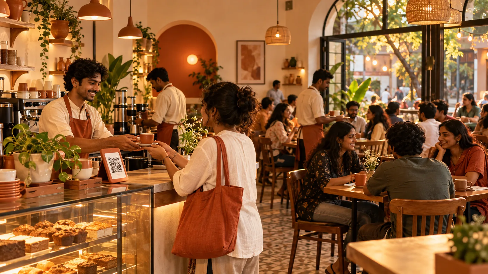 A busy neighbourhood café with staff serving customers and a QR stand on the counter